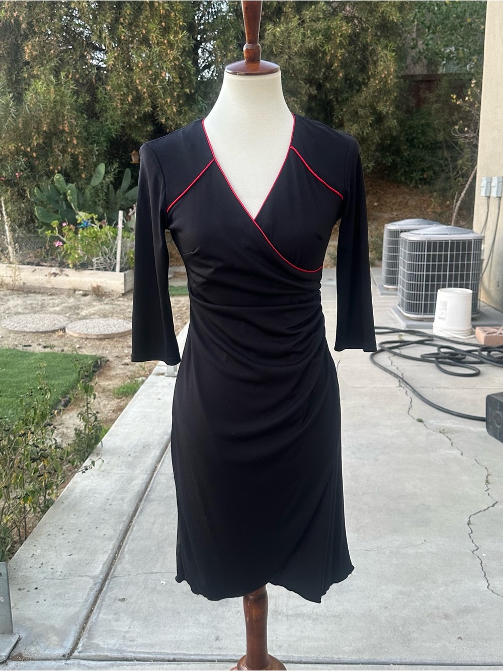 Vintage Made in he USA Jodi Kristopher Black Wrap Dress with Red Trim